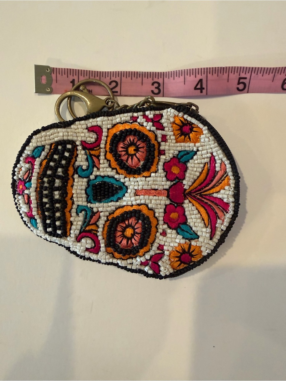 Mary Frances Sugar Skull Coin Purse Keychain - White with Orange, Pink & Teal - Picture 4 of 4